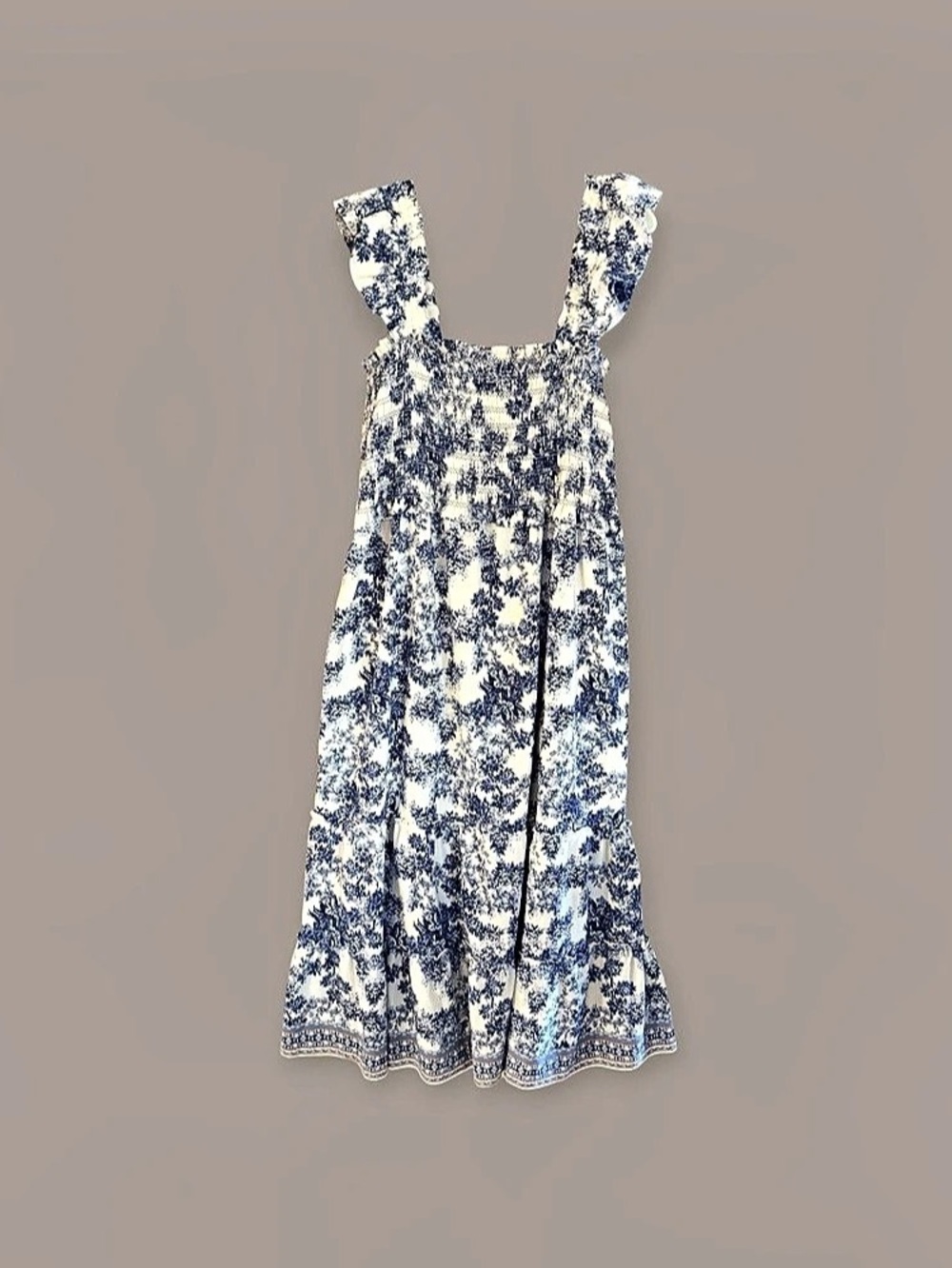 Max Studio Blue/White Print Ruffle Strap Smocked Maxi Dress